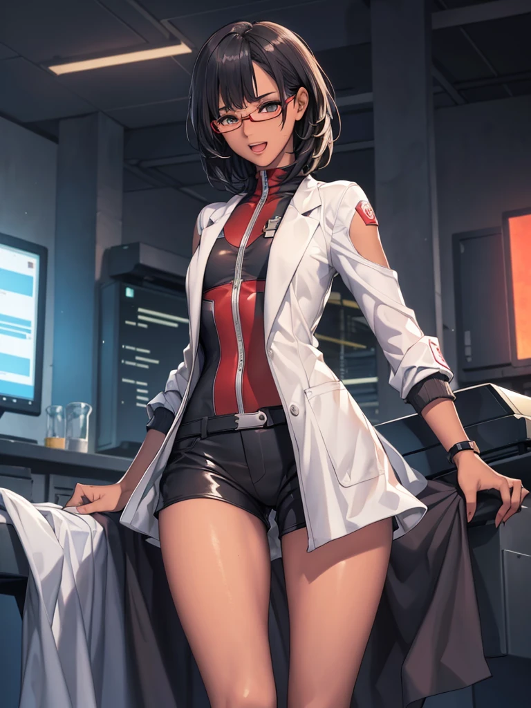 (masterpiece:1.2), highest quality, High resolution, unity 8k wallpaper, (fine and beautiful eyes:1.6), highly detailed face, perfect lighting, Detailed CG,(solo), glasses,very short_hair,(blunt_bangs:1.4), turtleneck,smile, white lab coat,black sleeveless shirt, ,red shorts,goggles_on_head, cyberpunk, night_sky, (flat_chest),dark skin,(Roll up long lab coat sleeves),in lab,(wide hips:1.2),Oda Non Artstyle,open mouth,from behind