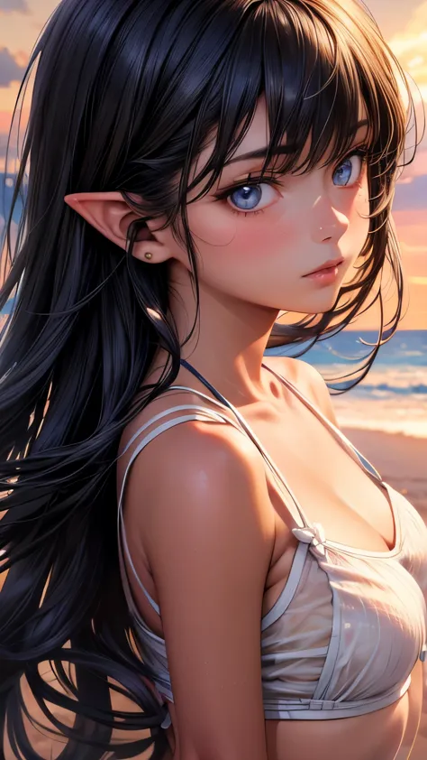 a beautiful anime girl with long black hair, blue eyes, pointy ears, timid expression, small breasts, outdoors, seaside, swimtan...