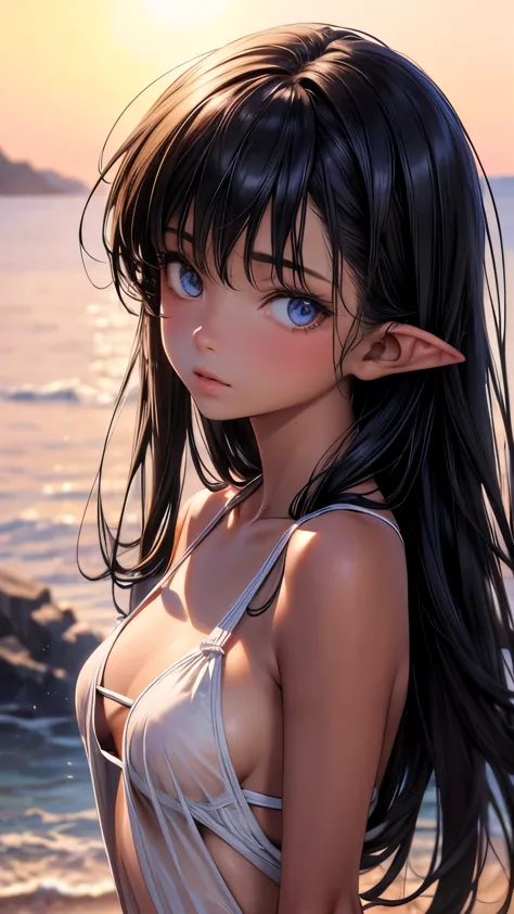 a beautiful anime girl with long black hair, blue eyes, pointy ears, timid expression, small breasts, outdoors, seaside, swimtan...