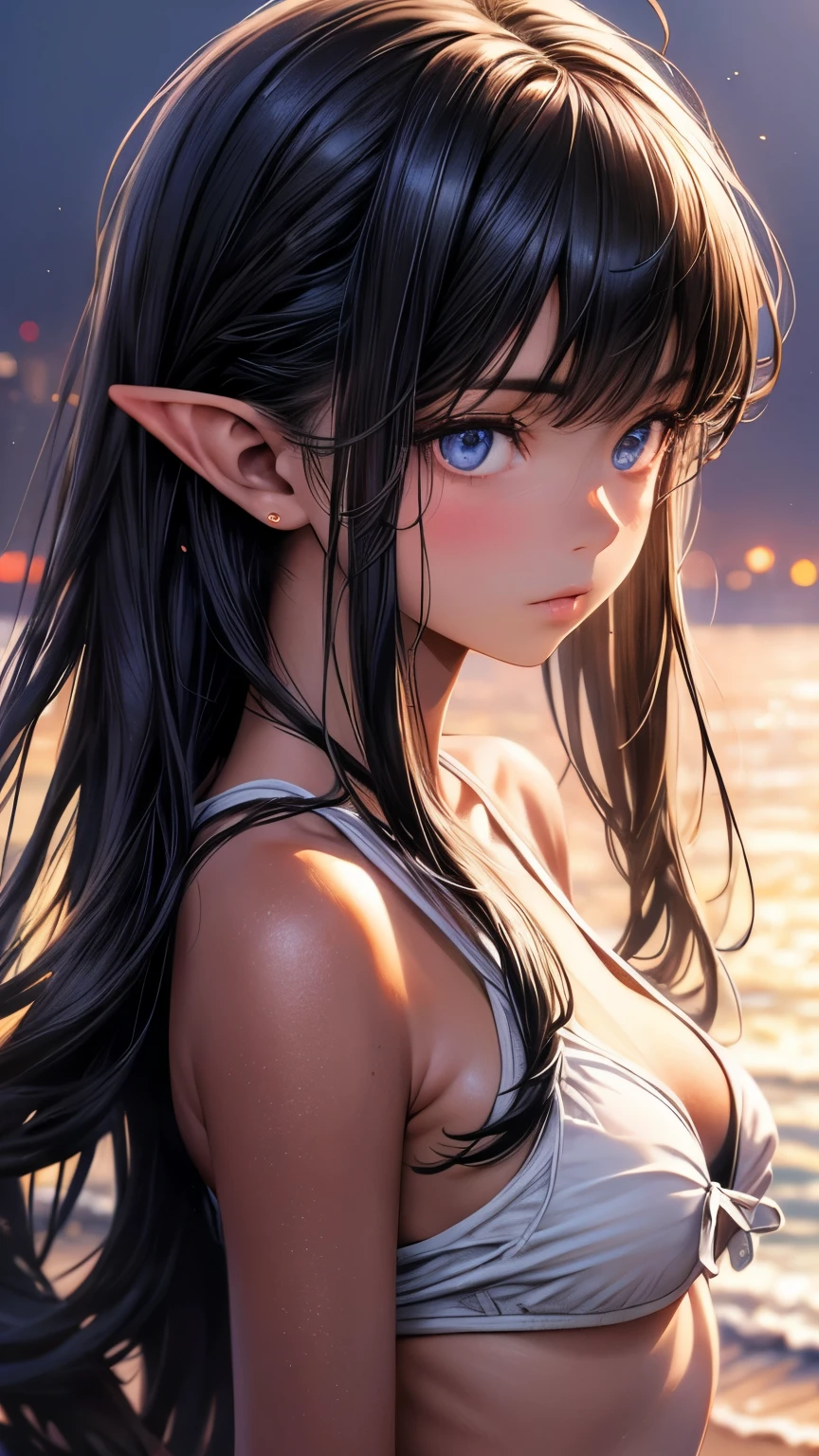 a beautiful anime girl with long black hair, blue eyes, pointy ears, timid expression, small breasts, outdoors, dark skin, seaside, swimtan, one-piece tan, tanline, tan, bikini, full body, belly, swimsuit tan, (best quality,4k,8k,highres,masterpiece:1.2),ultra-detailed,(realistic,photorealistic,photo-realistic:1.37),intricate details, extremely detailed face and eyes, soft lighting, warm color palette, cinematic composition