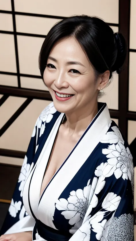 mature attractive sexy woman,50 years old, ((kimono)),((black))、(((kimono))),shut,((big breasts:1.2)),(facial wrinkles:1.3),ligh...