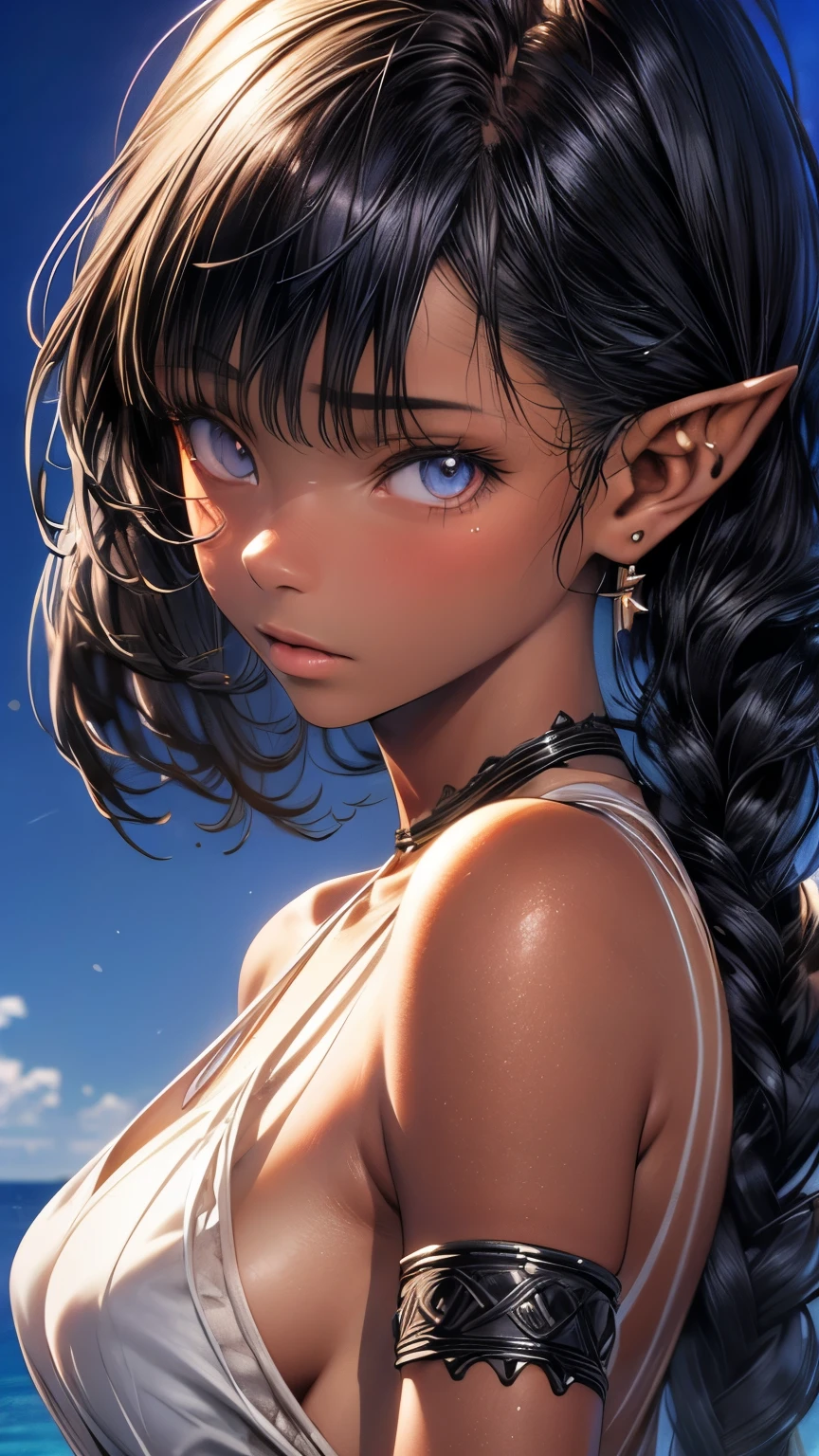 a beautiful anime girl with long black hair, blue eyes, pointy ears, timid expression, small breasts, outdoors, dark skin, seaside, swimtan, one-piece tan, tanline, tan, bikini, full body, from back, belly, swimsuit tan, (best quality,4k,8k,highres,masterpiece:1.2),ultra-detailed,(realistic,photorealistic,photo-realistic:1.37),intricate details, extremely detailed face and eyes, soft lighting, warm color palette, cinematic composition