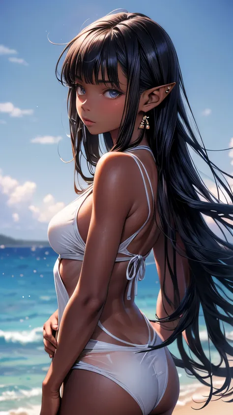 a beautiful anime girl with long black hair, blue eyes, pointy ears, timid expression, small breasts, outdoors, dark skin, seasi...