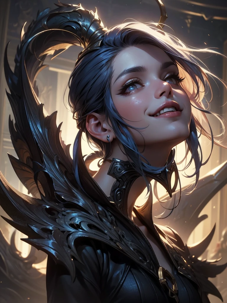 An ultra-detailed, high resolution, and realistic:1.37 alert, depicting a mysterious scene inspired by League of Legends champion Jinx. The central focus of the image is a character with his head tilted, looking up with a strange smile. The character&#39;s eyes are exceptionally detailed, radiating a sense of mystery and intensity. The lips are also beautifully detailed., presenting a seductive expression, but sinister. The general atmosphere is dark and mysterious, with shadows and low lighting enhancing the mysterious atmosphere. The image quality is excellent, with intricate details and sharp focus. The art style leans towards conceptual art, mixing fantasy elements with a touch of realism. The color palette is predominantly dark and moody., with pops of vibrant color used to highlight specific areas. Lighting is positioned to create dramatic effects, casting shadows and illuminating the scene with an eerie glow.