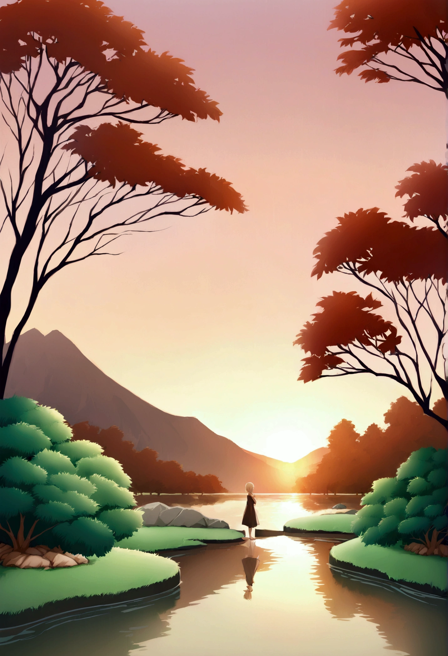 

"Create an image of a peaceful park at sunset. The sun is just beginning to set behind rolling hills, casting a warm orange glow across the scene. In the park, a gentle breeze is rustling through the leaves of the trees, adding a sense of tranquility. Near a small, quiet pond at the edge of the park, two people are standing side by side. 

One is a young woman with long, golden blonde hair that falls in gentle waves down her shoulders. Her hair catches the last rays of sunlight, giving it a natural shimmer. Her expression is soft, with a quiet, sincere smile, and she has a calm yet strong presence. The other person is standing beside her, both of them gazing at the still pond that reflects the colorful sunset sky. 

The scene should capture the peaceful and contemplative atmosphere, with the warm colors of the setting sun and the calm of the evening."