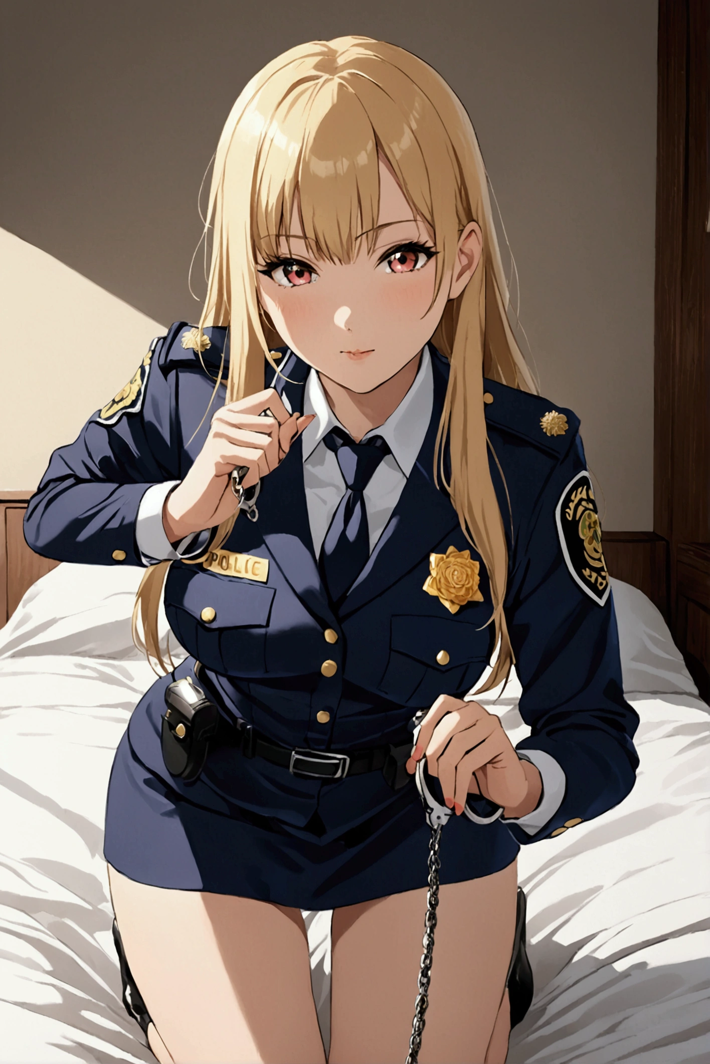 Marin kitagawa, She has silky blonde hair, tipped with pinkish-red or citrus orange, reaching down around her pelvic region, on bed , sexy pose ,(( wearing police dress)) , one adult women , holding handcuffs,