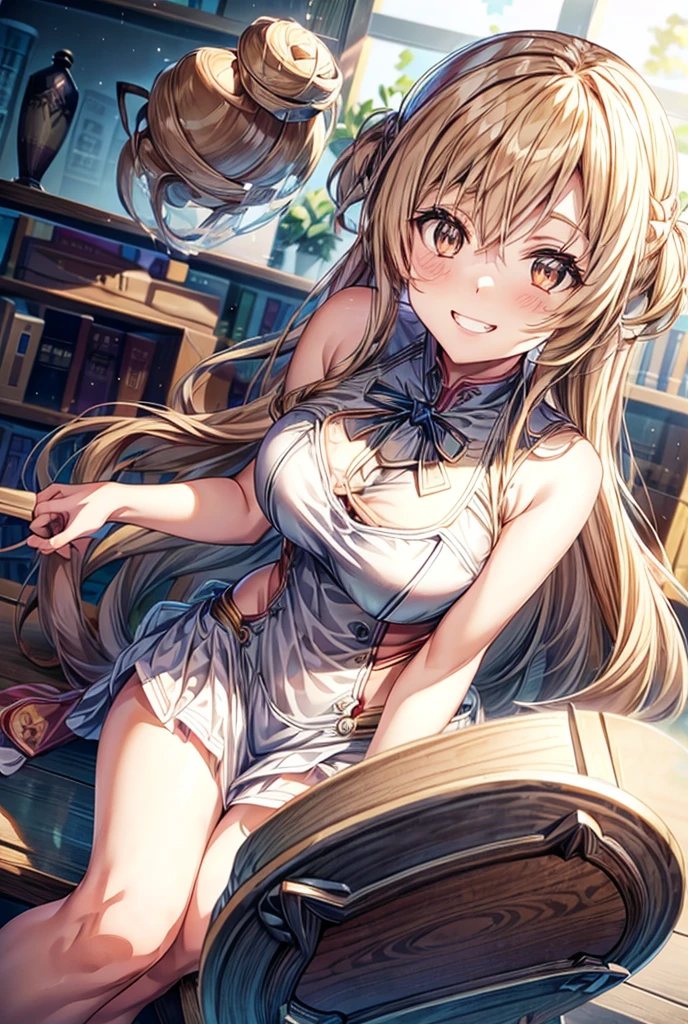 anime, woman, sitting, legs spread, grinning, looking at viewer, semi long, low twintails, curly hair, shiny hair, blonde, blue eyes, with sparkling eyes, shiny skin, slender, bikini, in the library, with a bookshelf, in the afternoon, cowboy shot, front view, overhead shot, cowboy shot, sunlight