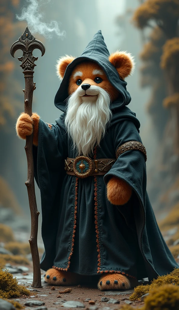 a teddy bear sorcerer,black robe,magic staff,long white beard,magci light from staff, magic sparkles from hand, fantasy art, "lord of the rings" world, detailed fantasy background,cinematic lighting,dramatic lighting,dramatic composition,epic fantasy,highly detailed,intricate details,masterful rendering,whimsical,warm color palette,soft lighting,photorealistic