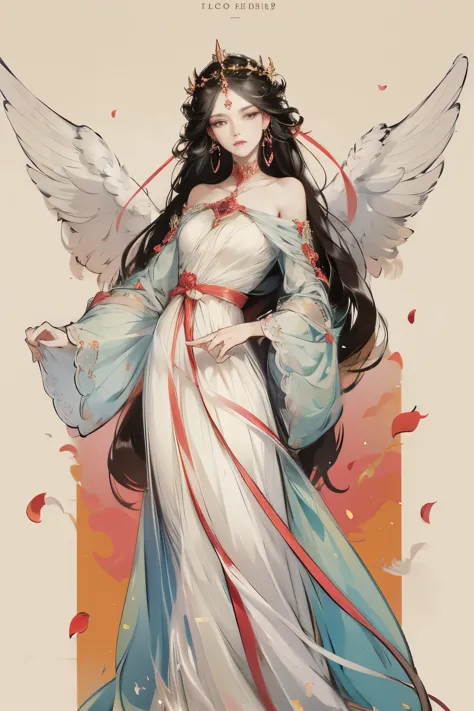 1 full-length portrait of a girl, angelicales, devil wings, gorgeous long dress, stand on both feet, (((solo))), clear facial fe...