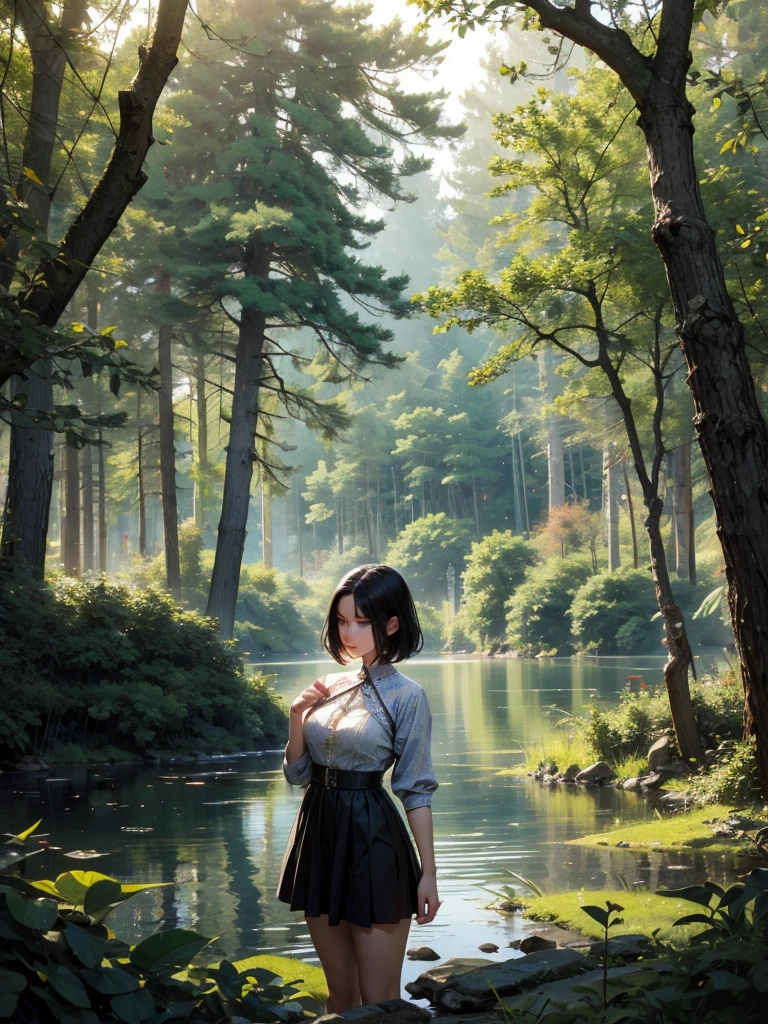 1womanl，3，Uma MILF，plumw，extremely large chest， only，（Background with：cherry forest，lake，spectacular views）deep inside the forest， She has very short black hair，fool&#39;s head，Station，，seen from the front， slickedback hair， almost cloudy sky，（（（Masterpiece artwork），（very detailed CG 8k unity wallpaper），best qualityer，cinematic lighting，detailed back ground，beautiful detailed eyes，shiny pupils，blue colored eyes，（Very fine and beautiful），（Beautiful and detailed description of the eyes），ultra detali，Masterpiece artwork，））Redlip，Facing the camera，A high resolution，ultra detali），camel fingers，Ruddy complexion，Desire for dissatisfaction，facade，SakuraNS ，athlete，（dressing：比基尼，bare genitalia，breasts bare，legging de cor preta）