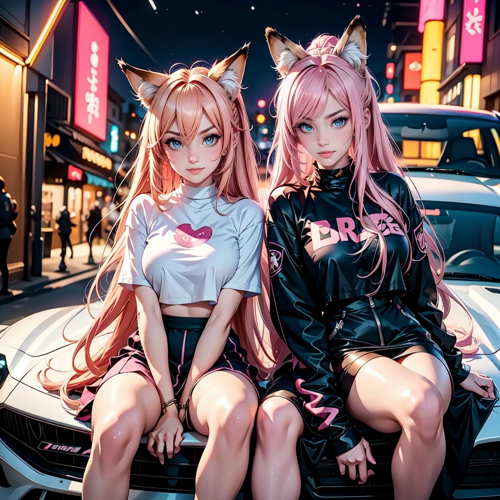 2 girls, ein anime girl, long blonde hair with pink streaks, ponytail, pink eyes and a fox girl with fox ears and fox tail with red long hair and blue eyes, 

sitting on the hood of a tuned sports car, car with anime graphics, posing, looking at viewer, street racing style, Tokyo Drift setting, night, neon lights, ultra 8k, high detail, Anime Art,


