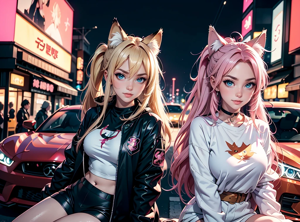 2 girls, ein anime girl, long blonde hair with pink streaks, ponytail, pink eyes and a fox girl with fox ears and fox tail with red long hair and blue eyes, 

sitting on the hood of a tuned sports car, car with anime graphics, posing, looking at viewer, street racing style, Tokyo Drift setting, night, neon lights, ultra 8k, high detail, Anime Art,


