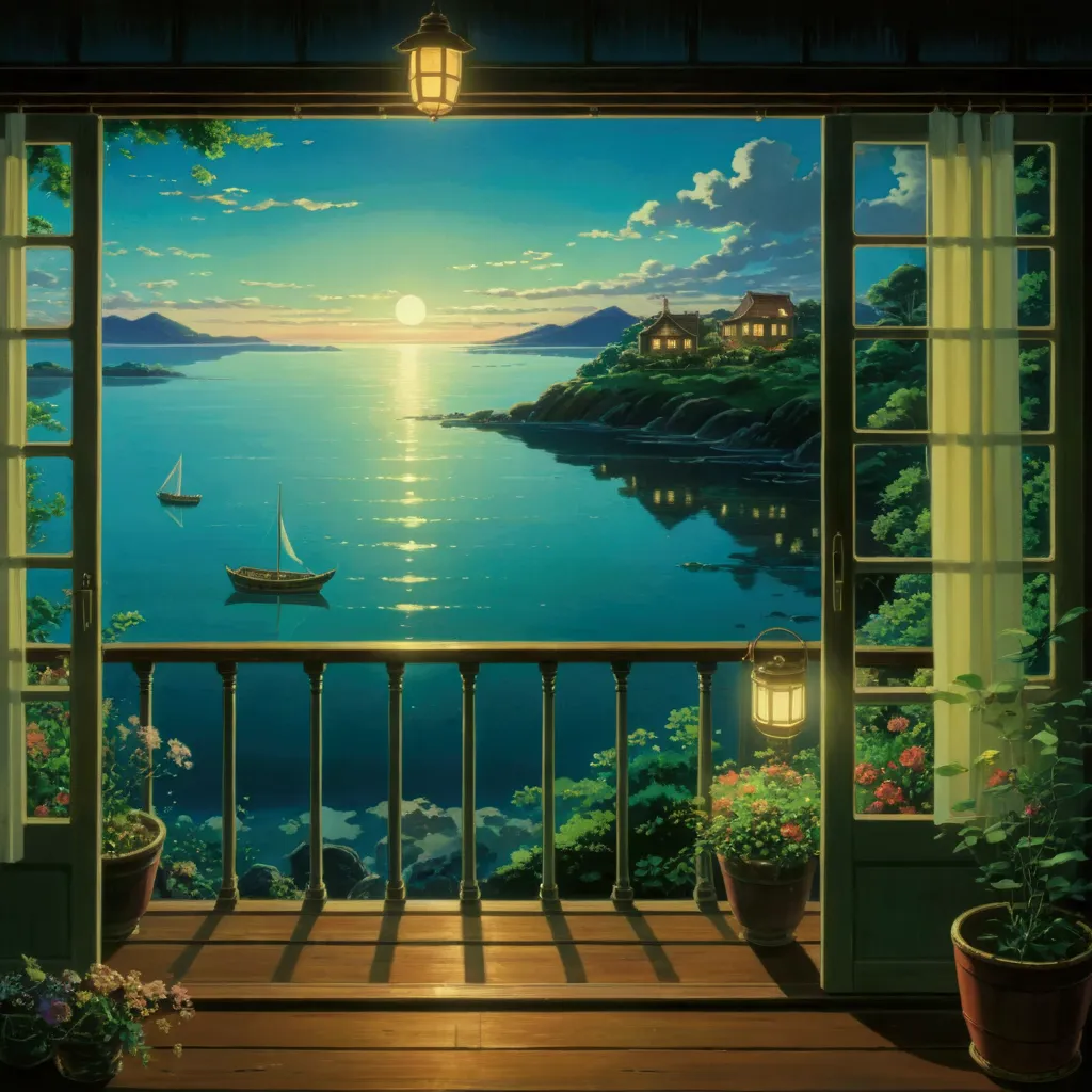 ghibli　summer　night　in a house with a sea view