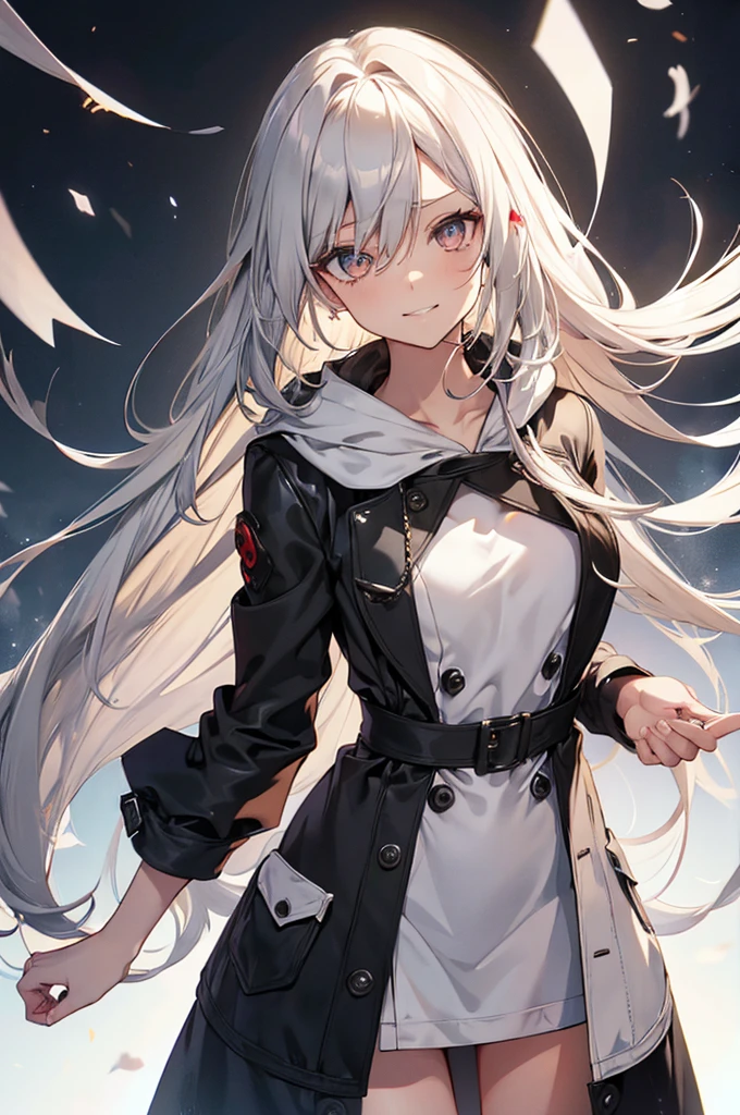 1girl, {solo}, upper body ,{{ {looking at viewer}}}, arm at side, concept art, white background, simple background, white hair, silver gradiient hair , complex cloth, asymmetrical clothes, virtual youtuber, best quality, masterpiece, dynamic angle, guilty gear, guilty gear, guilty gear, cowboy_shot, looking_back, grabbing, girl,woman,female, young,20 years old, very long hair, flipped hair, silver hair, flowing hair, ahoge, smirk, beautiful and delicate golden eyes, teeth, medium_breasts, blonde eyes, white skin, coat, hoodie, black_shorts, grey Clothes, transparent_background, backlighting, absurdres, highres, ultra detailed,