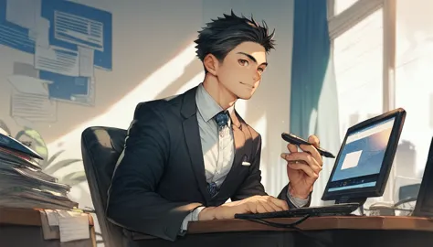 officeワーカー, alone, operate your computer at your desk, japanese, black hair, brown eyes, male, suit, office