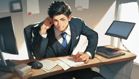 officeワーカー, alone, operate your computer at your desk, japanese, black hair, brown eyes, male, suit, office