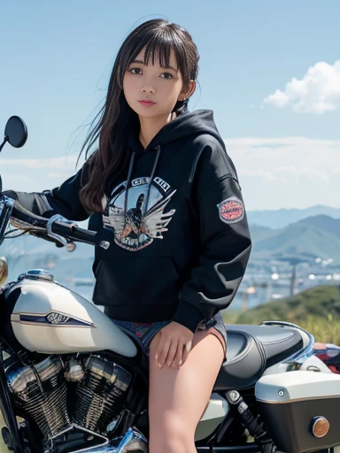 Japanese female, (underweight), (medium bust best quality:1.0), 30 years old, American Cruiser Motorcycle, (riding American Cruiser Motorcycle), looking ahead, messy hair, (hoodie), (swimsuit), on the mountain, from below