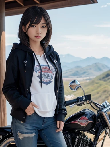 Japanese female, (underweight), (medium bust best quality:1.0), 30 years old, American Cruiser Motorcycle, (riding American Cruiser Motorcycle), looking ahead, messy hair, (hoodie), (swimsuit), on the mountain, from below