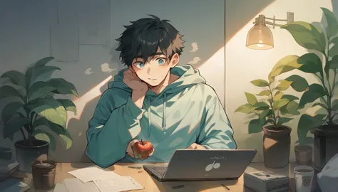 a college boy with spectacles wearing a hoodie surrounded with indoor plant, and a steaming cup coffee and writing notes, from o...