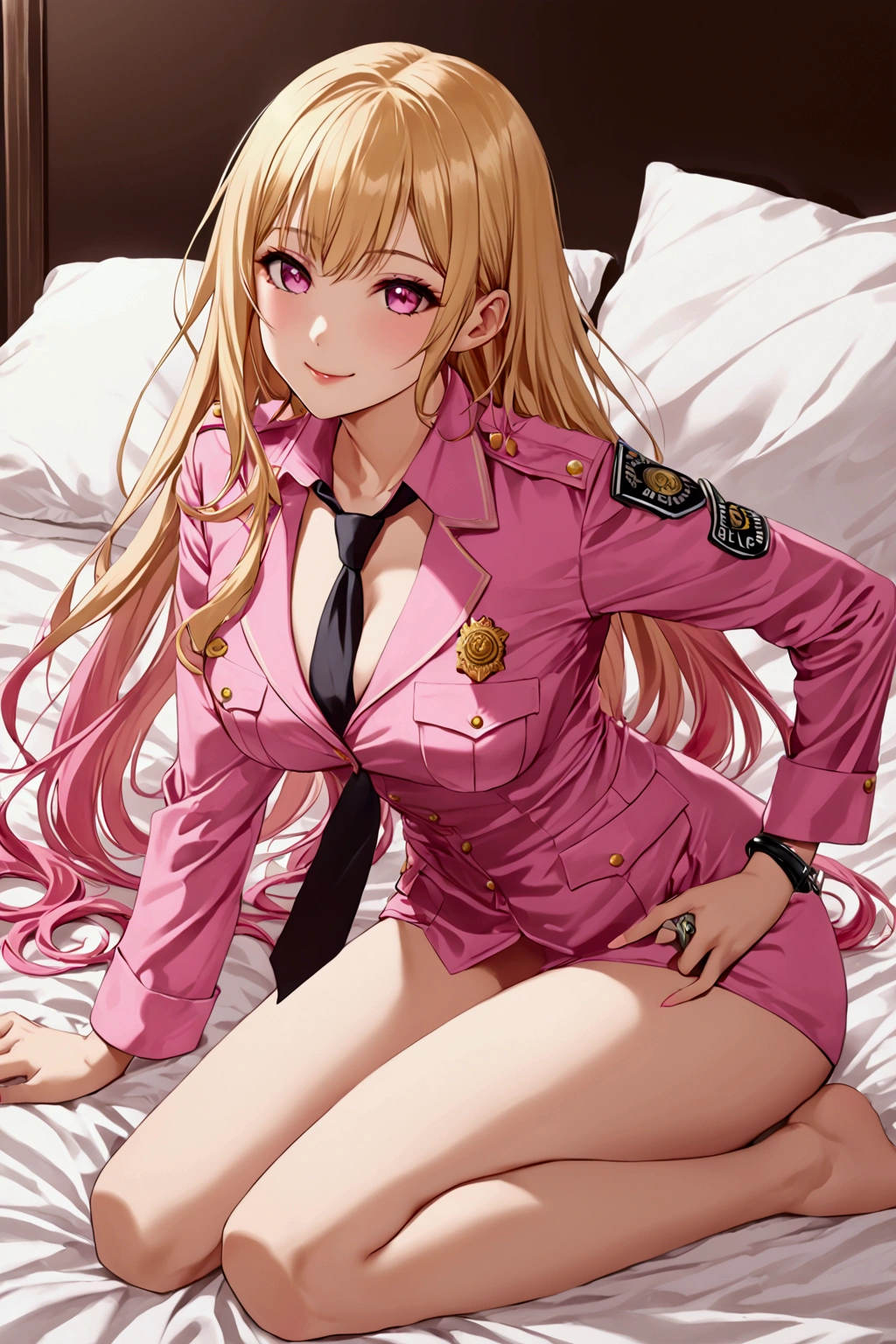 Marin kitagawa, She has silky blonde hair, tipped with pinkish-red or citrus orange, reaching down around her pelvic region, on laying bed , sexy pose ,(( wearing police dress)) , one adult women , holding handcuffs, happy face , ((hairs fading from end in colour pink )), sexy environment ,Her eyes are naturally a dark brown, although she is almost always seen with dark pink color contacts when she isn't cosplaying, sexy arched back pose