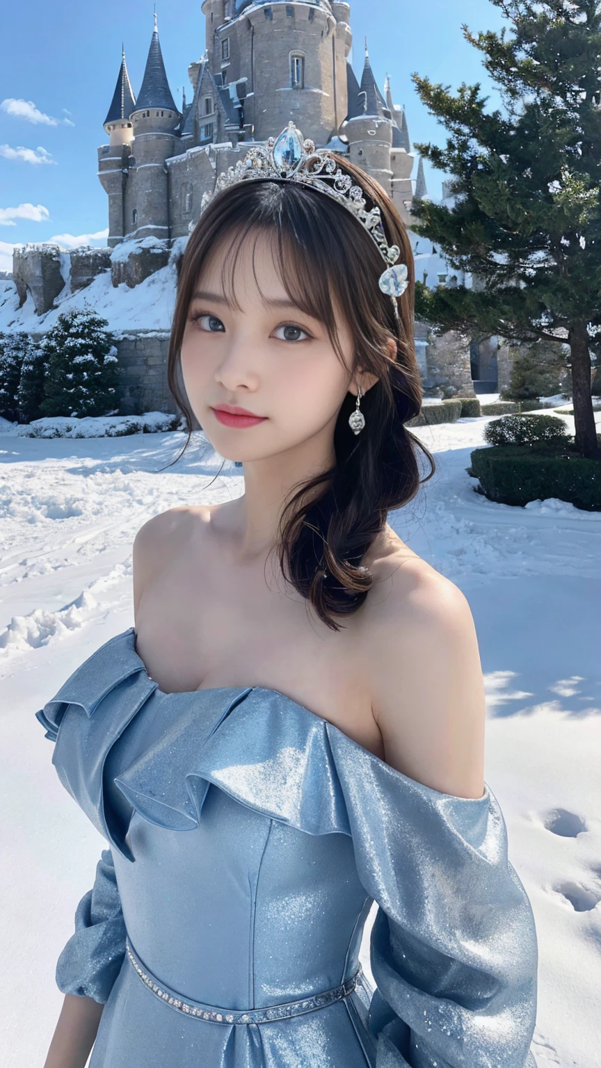 (masterpiece、Highest quality、8k、1、RAW Photos)、(Professional Lighting)、Spotlight, Award-winning portraits、pure、Japanese、A luxurious sky-blue dress、(Big Breasts)、Gray Hair、blue eyes、Off-the-shoulder dress、((A big ice castle)), Snow-covered landscape, Diamond dust, ((Glittery dresses)) , Long Hair, Hair blowing in the wind, The western sun shines, Put the tiara on your head