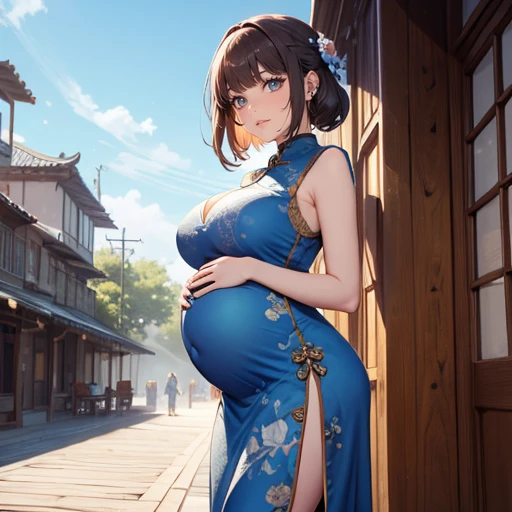 {{masterpiece, best quality, Highly detailed CG, Unity 8K wallpaper, Cinema Lighting}}, Traditional Chinese ink painting, A girl, whole body, Pregnant women、pregnant、Ancient buildings, Blue sky, sunny, Wooden construction, Notable protagonists, Smile, big eyes, Beautiful details, (Large Breasts, cleveage), Round butt, Looking at the audience, Long eyelashes,Hanfu，Traditional cheongsam，High heel