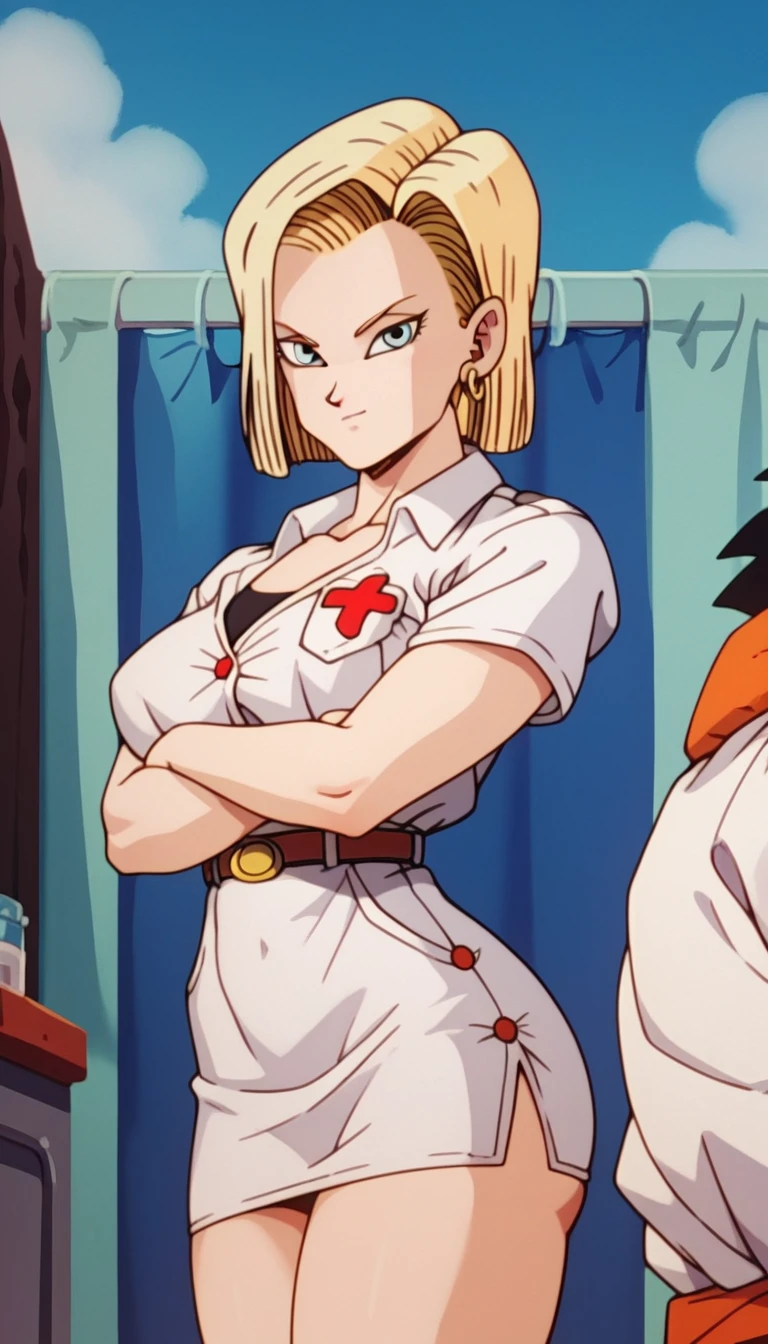 Android 18, Dragon Ball, sexy, Big Breasts, Big Ass,  Cool Beauty, stand, Nurse uniform, ((Open-chested clothing, Well good)), Cross your arms