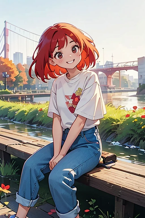 Digital Art, (girl, red_hair, Flowers, Baggy jeans, White shirt, A modest smile, Cute appearance), (Sit on a bench, River in the background, Golden Hour),, Written by ダニイル・スポニツキーjpegman