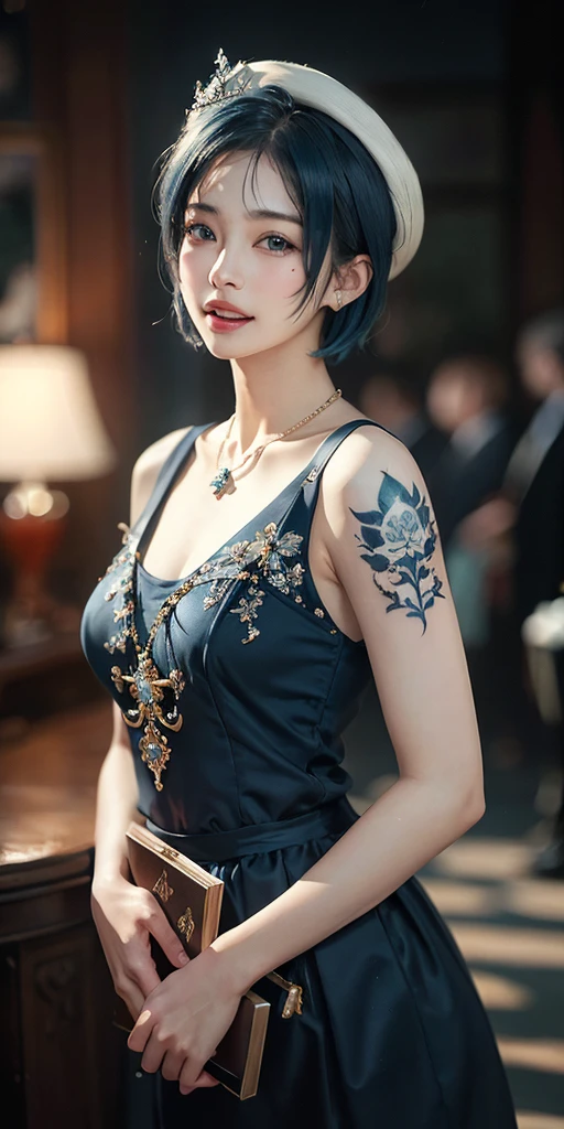 Masterpiece, best quality, high quality, very detailed CG uniform 8k wallpaper, 1girl, solo, blue hair, tattoo, short hair, hat, jewelry, smile, necklace, looking at the audience, hat, realistic, open mouth, teeth, upper body, vest, nose, bare shoulders, artist name, black tiara, collarbone, arm tattoo, blue eyes, lips, blur, oil painting, award winning photography, bokeh, depth of field, HDR, bloom, chromatic aberration, realism, very detailed, artstation Intricate, High Detail, dramatic, art by midjourney