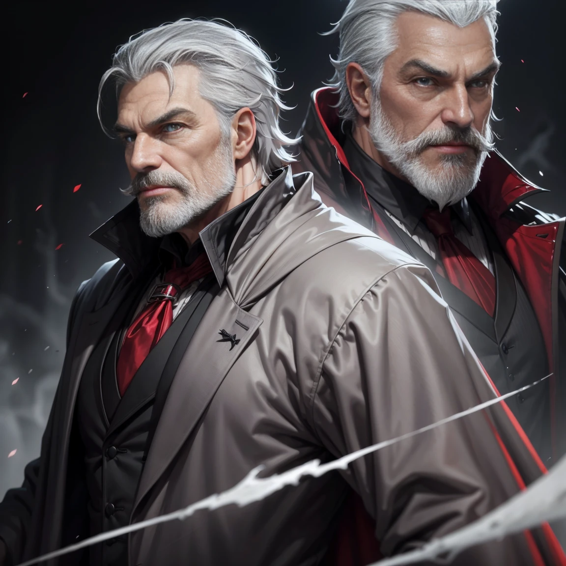 1man,gray hair, gray mustache, gray beard,vampire, vampire fangs, handsome, wearing black suitcoat, wearing red shoulder robe, dracula,malicious aura, Closer distance face, Closer distance head, closer distance pressing against me, hd, high quality, hyperdetail, ultra-realistic, 8k Resolution 