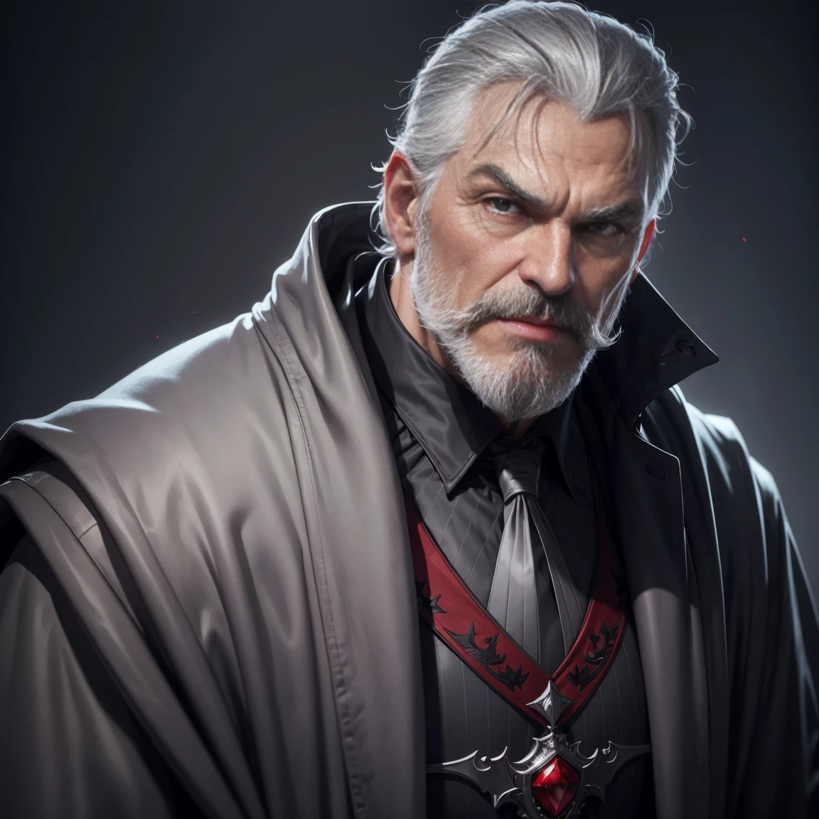 1man,gray hair, gray mustache, gray beard,vampire, vampire fangs, handsome, wearing black suitcoat, wearing red shoulder robe, dracula,malicious aura, Closer distance face, Closer distance head, closer distance pressing against me, hd, high quality, hyperdetail, ultra-realistic, 8k Resolution 