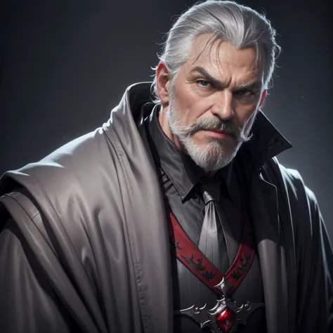 1man,gray hair, gray mustache, gray beard,vampire, vampire fangs, handsome, wearing black suitcoat, wearing red shoulder robe, d...