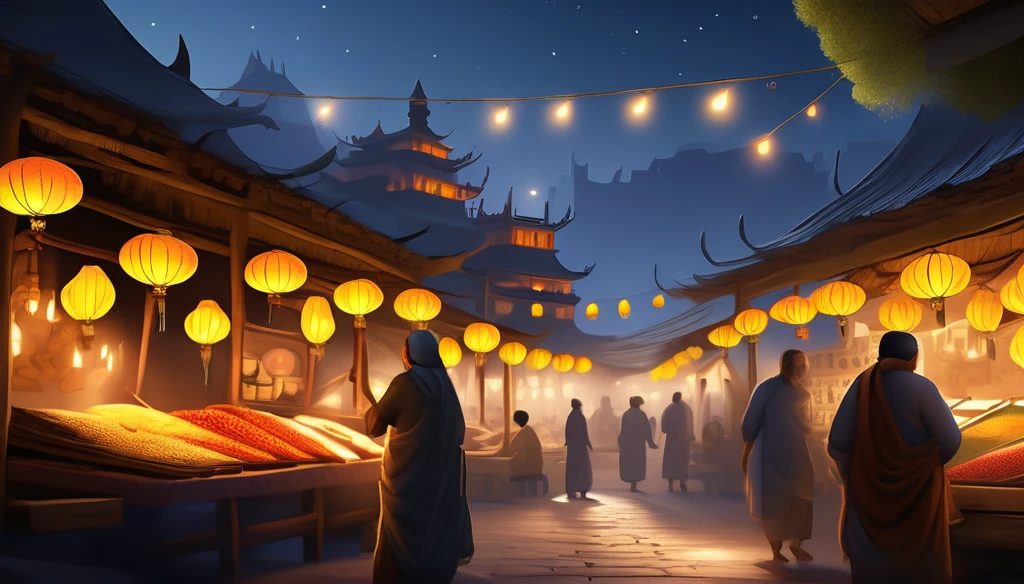 a bustling ancient marketplace at night, wooden structure, yellow lanterns illuminating the scene, vendors selling exotic goods, fresh produce, handmade crafts, wooden stalls adorned with intricate carvings and colorful tapestries, vendor tending to overflowing fruit and vegetable stall, customer haggling over rare spice, group of musicians playing traditional instruments, deep indigo night sky with twinkling stars, yellow lanterns casting warm glow and long shadows, scent of incense, fresh bread, roasting meats, ancient temple silhouette in background, laughter, music, merchants calling out

(best quality,4k,8k,highres,masterpiece:1.2),ultra-detailed,(realistic,photorealistic,photo-realistic:1.37),HDR,UHD,studio lighting,ultra-fine painting,sharp focus,physically-based rendering,extreme detail description,professional,vivid colors,bokeh,concept art,fantasy,cinematic lighting,dramatic