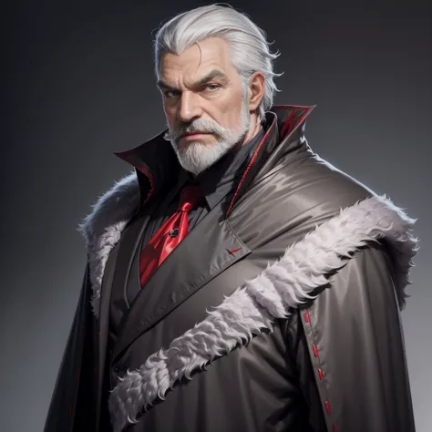 1man,gray hair, gray mustache, gray beard,vampire, vampire fangs, handsome, wearing black suitcoat, wearing red shoulder robe, d...