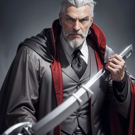 1man,gray hair, gray mustache, gray beard,vampire, vampire fangs, handsome, wearing black suitcoat, wearing red shoulder robe, d...