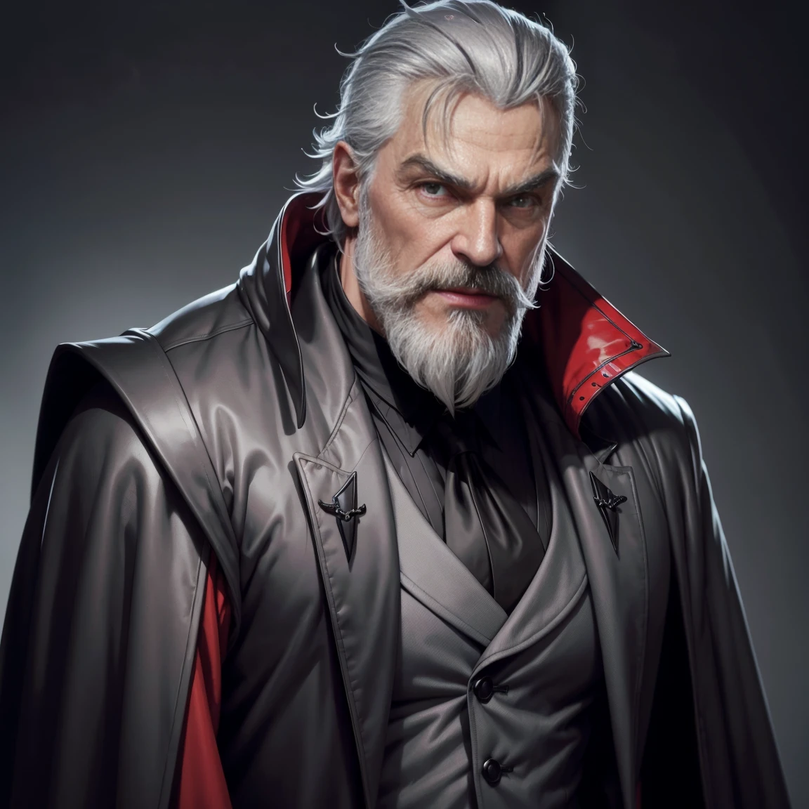 1man,gray hair, gray mustache, gray beard,vampire, vampire fangs, handsome, wearing black suitcoat, wearing red shoulder robe, dracula,malicious aura, Closer distance face, Closer distance head, closer distance pressing against me, hd, high quality, hyperdetail, ultra-realistic, 8k Resolution 