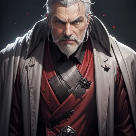 1man,gray hair, gray mustache, gray beard,vampire, vampire fangs, handsome, wearing black suitcoat, wearing red shoulder robe, d...