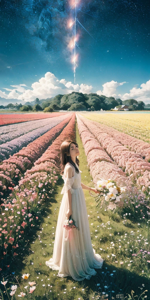 There is a girl standing in a flower field looking up at the sky, a girl standing in a flower field, a girl walking in a flower field, lost in a dreamy wonderland, standing in a flower field, fantastic digital painting, the sky gradually clears, the starry sky gradually recedes  