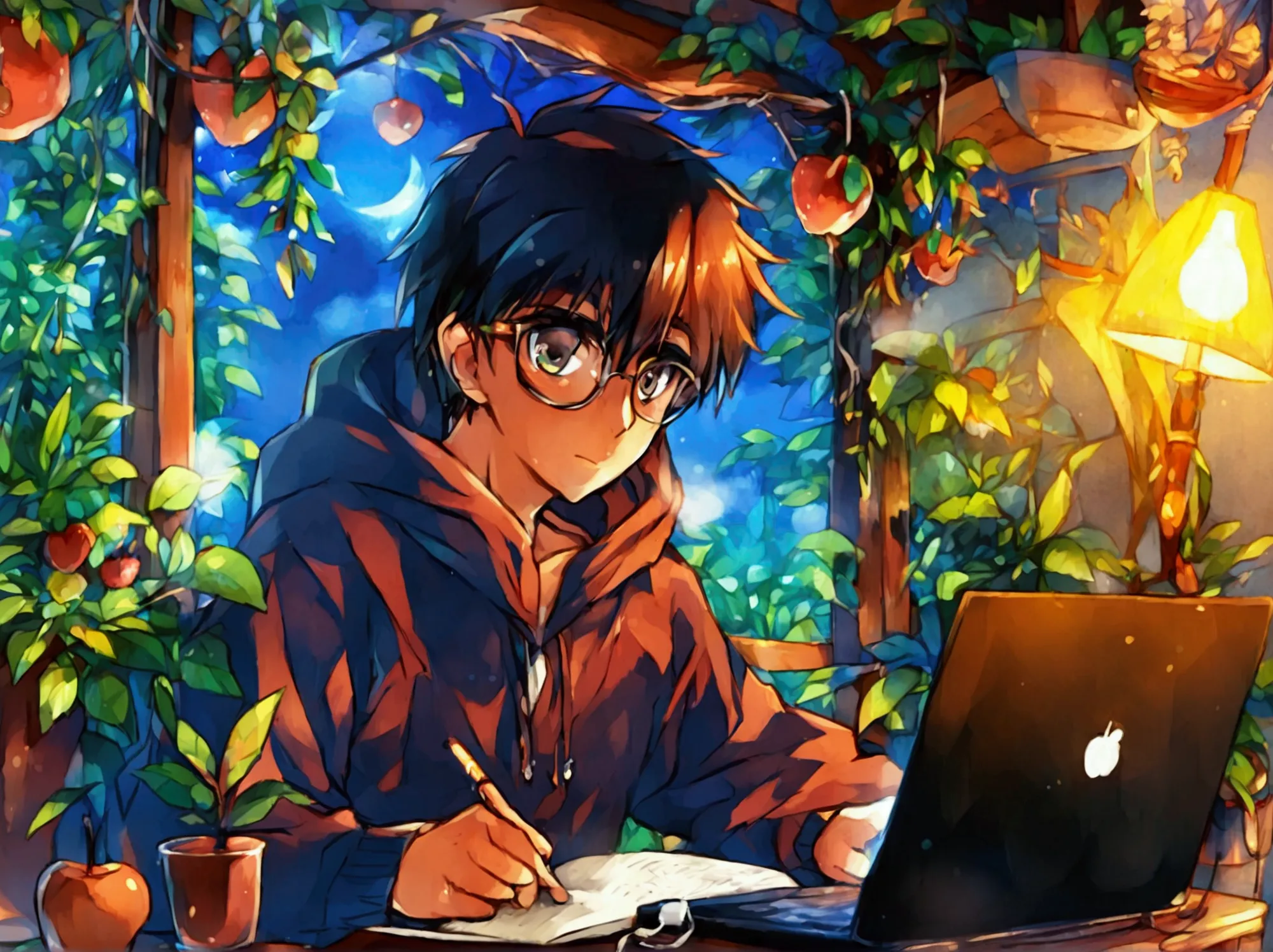 a college boy with spectacles wearing a hoodie surrounded with indoor plant, and a steaming cup coffee and writing notes, from o...