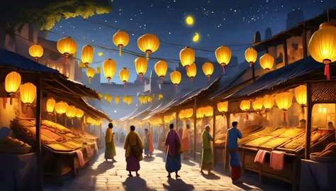 a bustling ancient marketplace at night, wooden structure, yellow lanterns illuminating the scene, vendors selling exotic goods,...