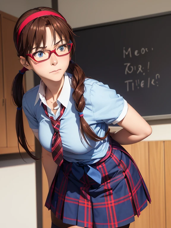 1girl, Mari Makinami, blue big eyes, brown hair, red rimmed glasses, blue headband, twintails, short sleeves dress shirt, (plaid skirt), pantyhose, school uniform, thighhighs, necktie, Slightly slim Beautiful figure, parted bangs, 
BREAK. 
((Fall backwards:1.2, fall on one's butt with open legs:1.3, Shyly holding down her skirt:1.2, No panties visible, Embarrassed look:1.3)), ((In the classroom)), 
((masterpiece)), (anime realistic), High resolution, Best Quality, Super detailed, (high quality texture:1.2), RAW photos