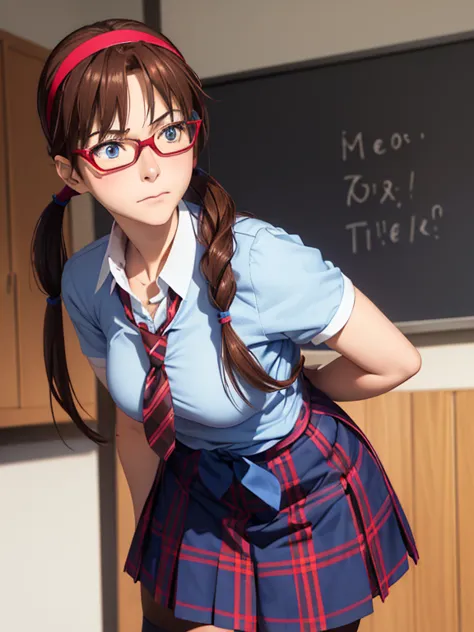 1girl, mari makinami, blue big eyes, brown hair, red rimmed glasses, blue headband, twintails, short sleeves dress shirt, (plaid...