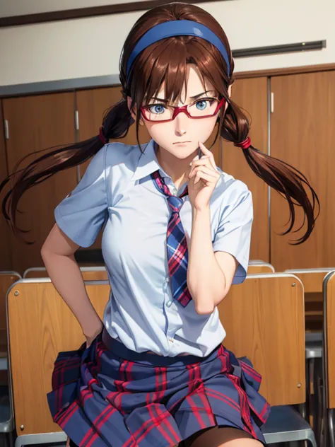 1girl, mari makinami, blue big eyes, brown hair, red rimmed glasses, blue headband, twintails, short sleeves dress shirt, (plaid...