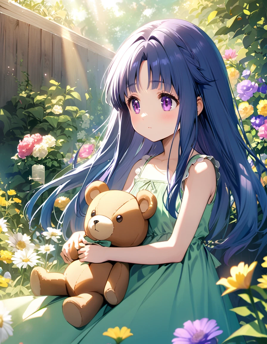 hugging a teddy bear,  (Rika Furude), woman, alone, Long Hair, bangs, Blue Hair, Purple eyes, Green Dress, , Flat Chest, Garden with flowers, The sunlight is beautiful, 