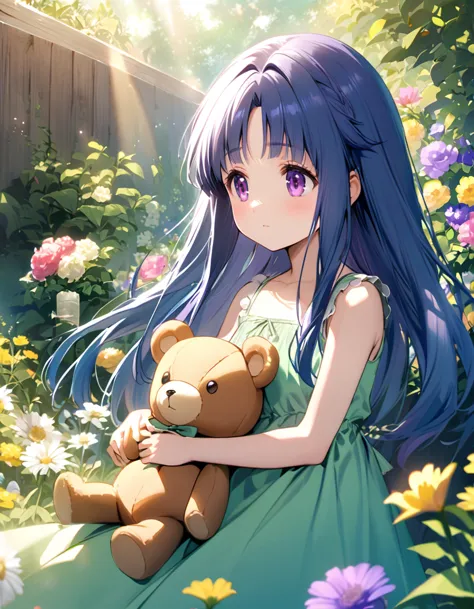 hugging a teddy bear,  (rika furude), woman, alone, long hair, bangs, blue hair, purple eyes, green dress, , flat chest, garden ...