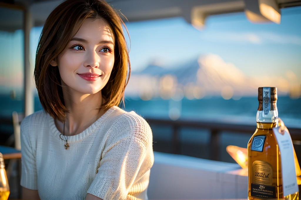 (Realistic, 超Realistic:1.4), 16k hdr, High resolution,Brown short hair,The best smile、Japanese actress,Super Beauty(Like the real thing),Short sleeve dress,Whiskey bottles、The Macallan、Johnnie Walker、、Old Parr、whiskey、Suntory、Nikka、Slim Couple、Model Couple、(Realistic, Intricate details:1.2), full-course dinner、Whiskey bottle and glass on the table、Single Malt、scotch、Rocks glass、Shot Glass、Whisky on the rocks、Scotland、Amazing view of the sunset sky and clouds、,Digital single-lens reflex camera, Soft lighting, Detailed Background, Written boundary depth, Volumetric lighting, Sharp focus, super Realistic 肌,super beautiful expression,Cloud Effect:1.2、プロ品質のHigh resolution、Realistic facial features,Highest quality,Slim figure,Highly detailed face,Highly detailed eyes,Beautiful Lips,Excellent light particles,Cinema Lighting,blue eyes,