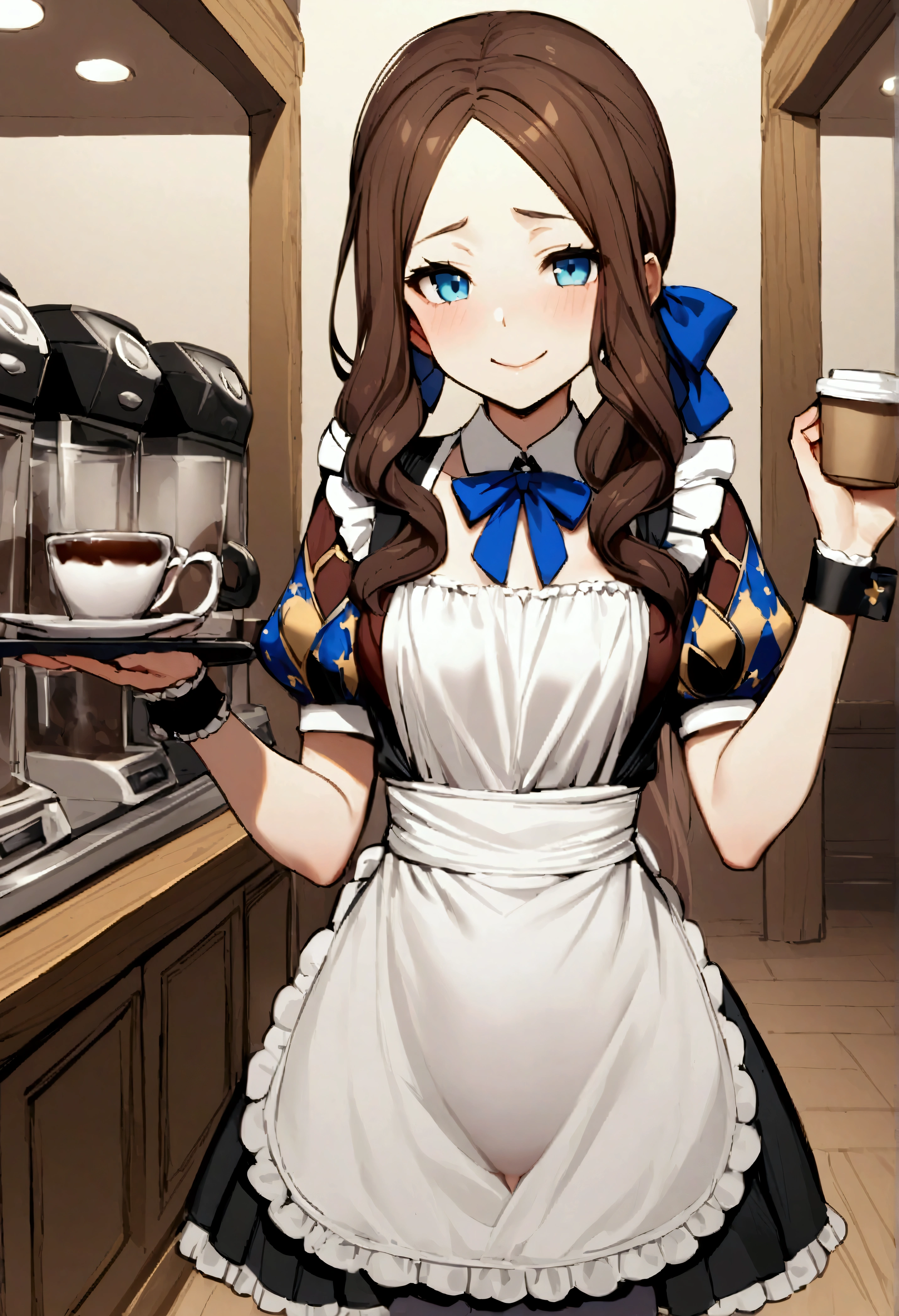 NSFW,masterpiece,Highest quality,High resolution,Very detailed,Leonardo da Vinci\(Fate/grandorder\),blue eyes, Long Hair, Brown Hair, Side Lock, Low Ponytail, ribbon, Short sleeve, Wrist cuff, maid, apron, maidヘッドドレス, Black knee socks,Small breasts,Bewitching Smile,Coffee shop,Serve customers