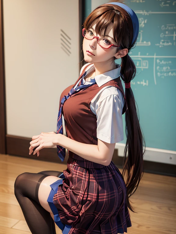 1girl, Mari Makinami, blue big eyes, brown hair, red rimmed glasses, blue headband, twintails, short sleeves dress shirt, (plaid skirt), pantyhose, school uniform, thighhighs, necktie, Slightly slim Beautiful figure, parted bangs, 
BREAK. 
((Fall backwards:1.2, fall on one's butt:1.3, Shyly holding down her skirt:1.2, No panties visible, Embarrassed look:1.3)), ((In the classroom)), 
((masterpiece)), (anime realistic), High resolution, Best Quality, Super detailed, (high quality texture:1.2), RAW photos