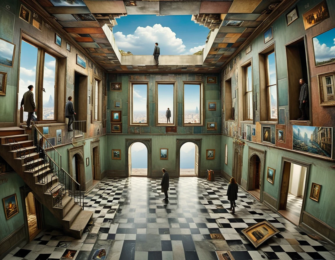 masterpiece, best quality, high resolution, extremely detailed CG, absurdres, A weird room, irrational construction, indoors,impossible, mysterious, optical, rooms, walls, stairs, windows on floor, doors on wall, table on wall, picctures on floor, picctures on ceiling, people walking on wall, people walking on ceiling,  ((surreal)),(extremely detailed background:1.6