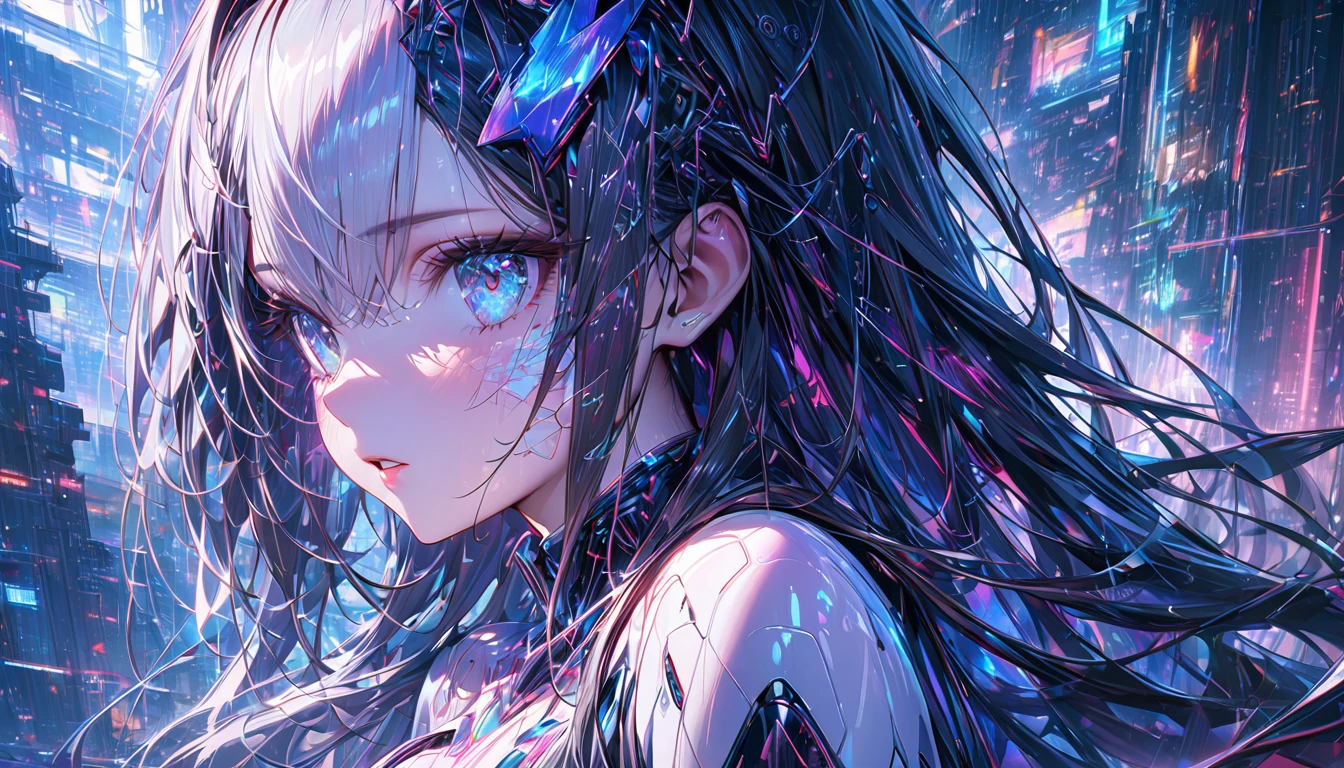 A beautiful futuristic cyborg girl with neural network hair, parted lips, Futurism, Ultra-high resolution, Super Detail, Highest quality, 8k , ,Dynamic Angle, Morning sunshine